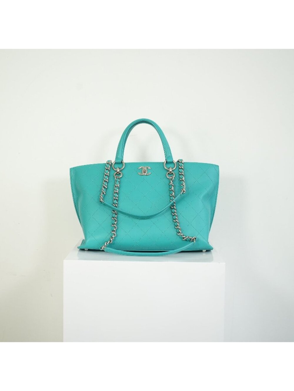 Chanel Turquoise Quilted Leather Shopping Tote Bag Silver Hardware